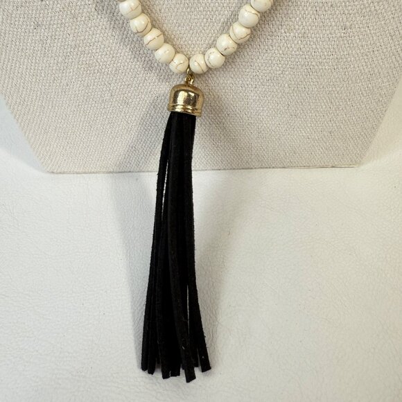 Leather Tassel and Stone Bead Necklace Mala Adjustable - Picture 2 of 7